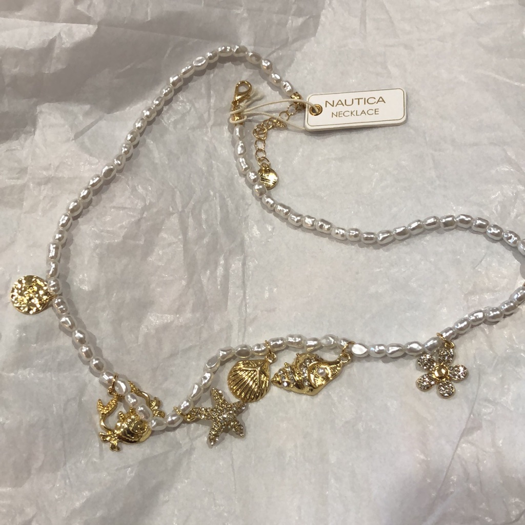 Nautica Faux Freshwater Pearl Under The Sea Nautical Charm Pave Necklace New 40$